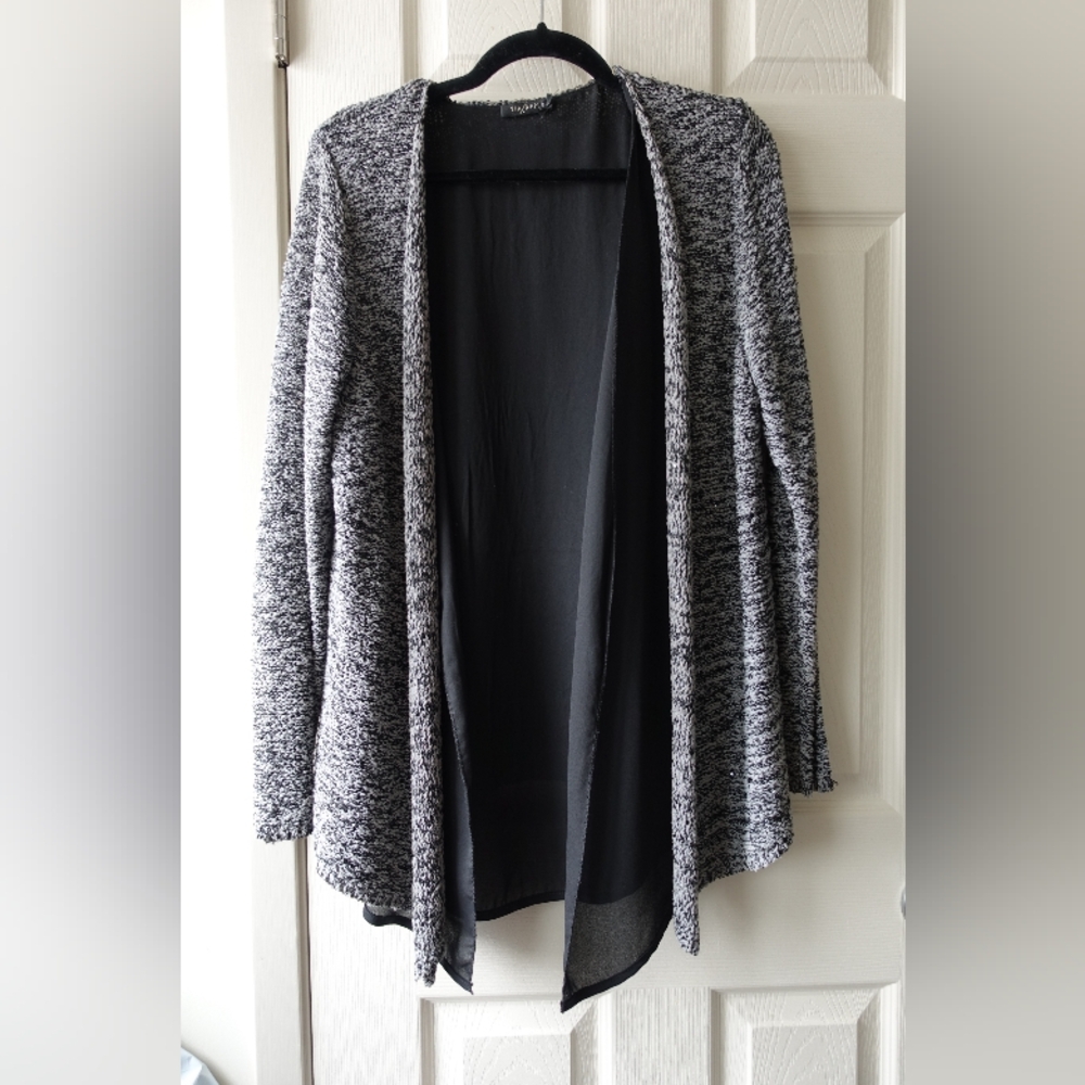 Via Appia Black and White Marled Open-Front Cardigan